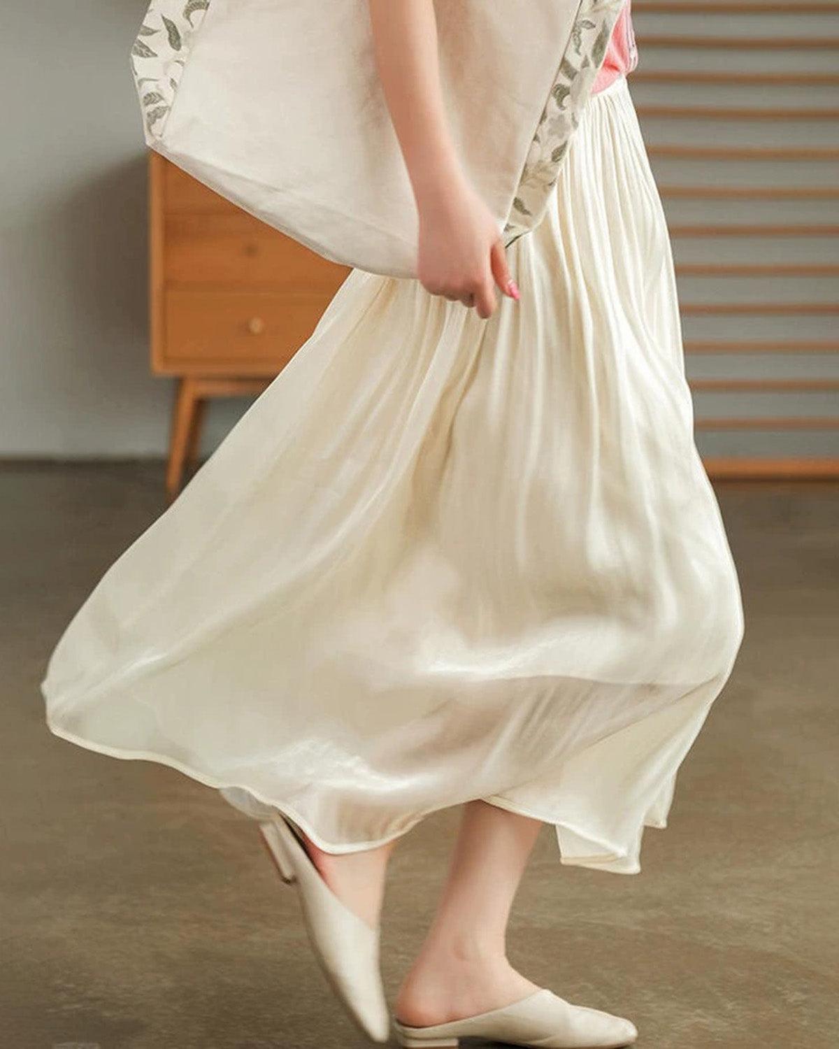 Beige Flowy Pleated Midi Skirt Product Image