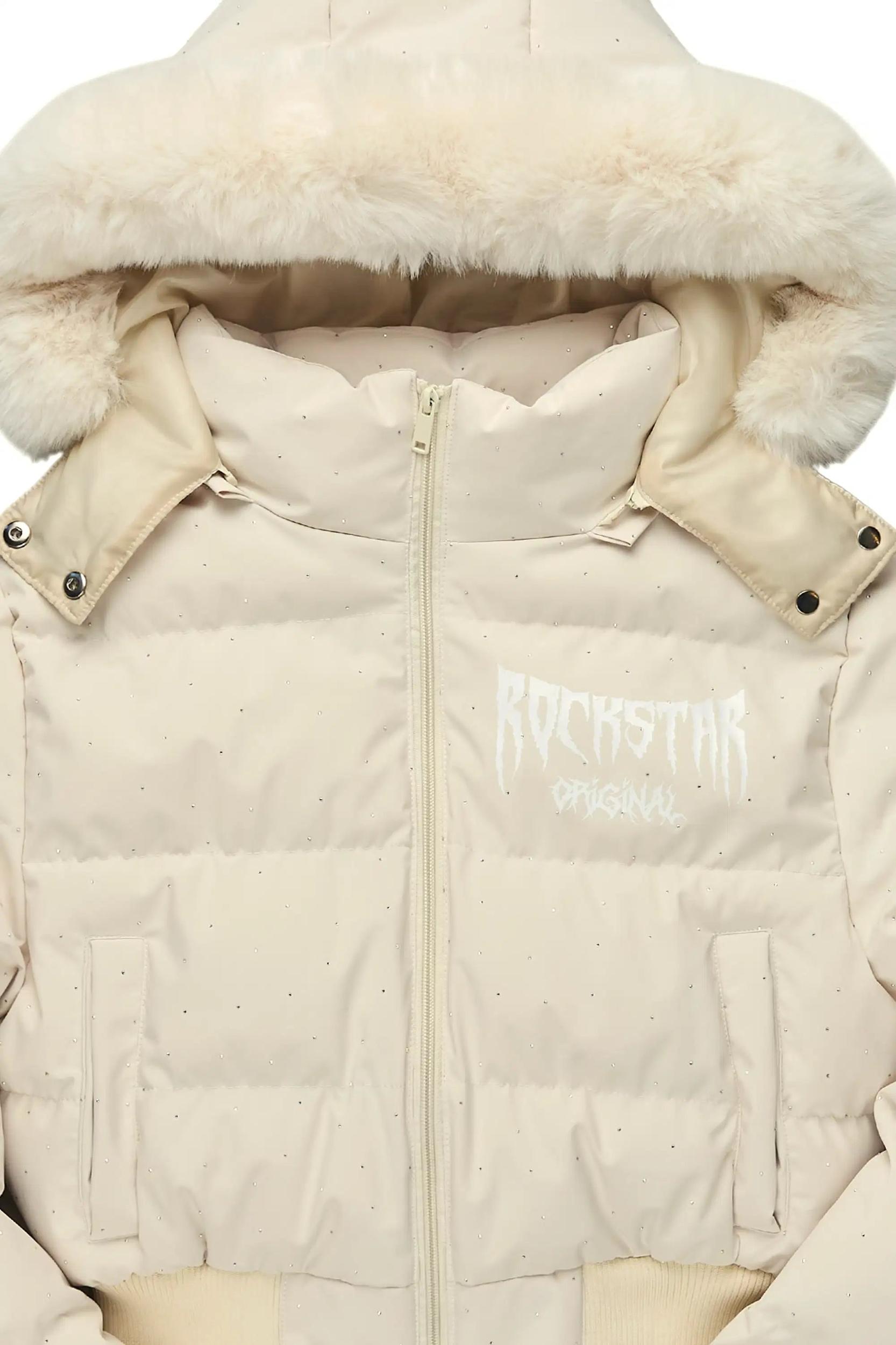 Gabrielle Beige Rhinestone Puffer Jacket With Fur Hood Female Product Image