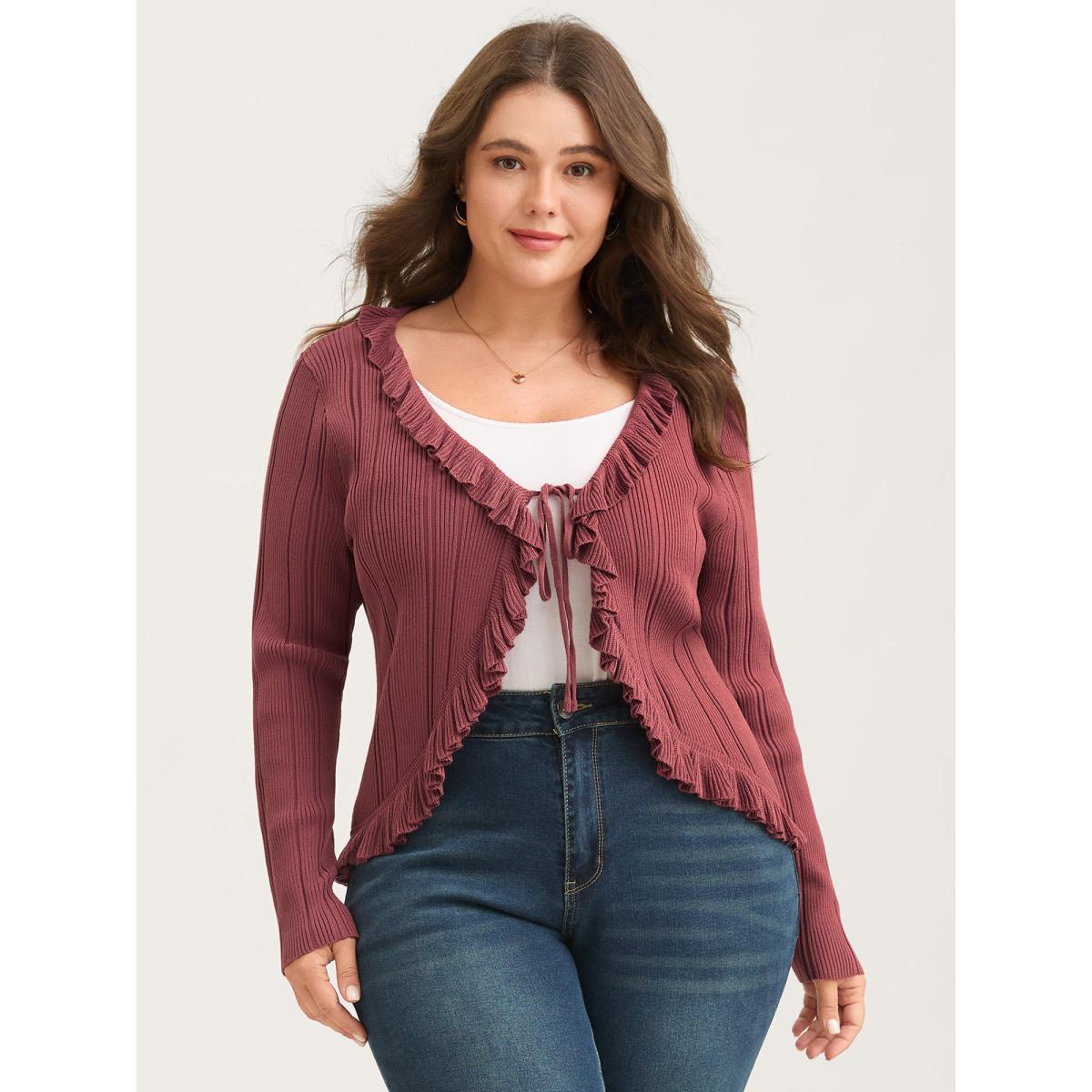 Plus Size Ruffled Edged Front Tie Knit Cardigan Rust Women Timeless Bodycon Long Sleeve Elegant Cardigans BloomChic 14-16/1X Product Image