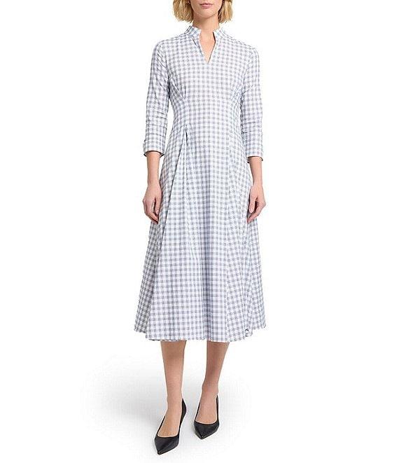 MISOOK Plaid Print Mandarin Split V-Neck 3/4 Sleeve Fit-And-Flare Midi Dress Product Image