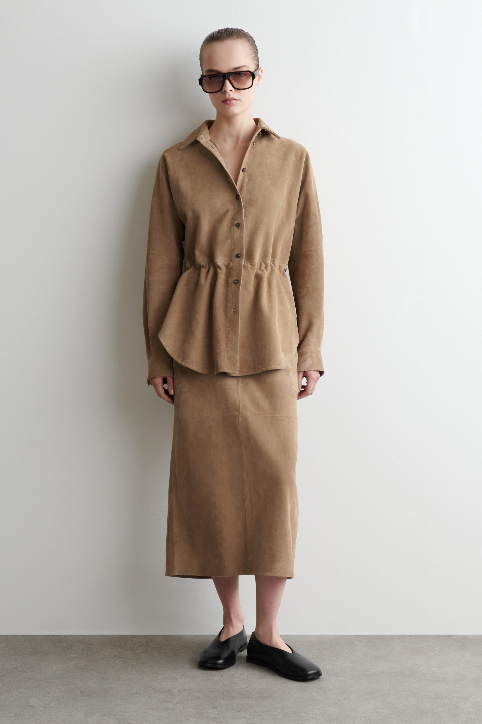 PANELED SUEDE DRAWSTRING MIDI SKIRT Product Image