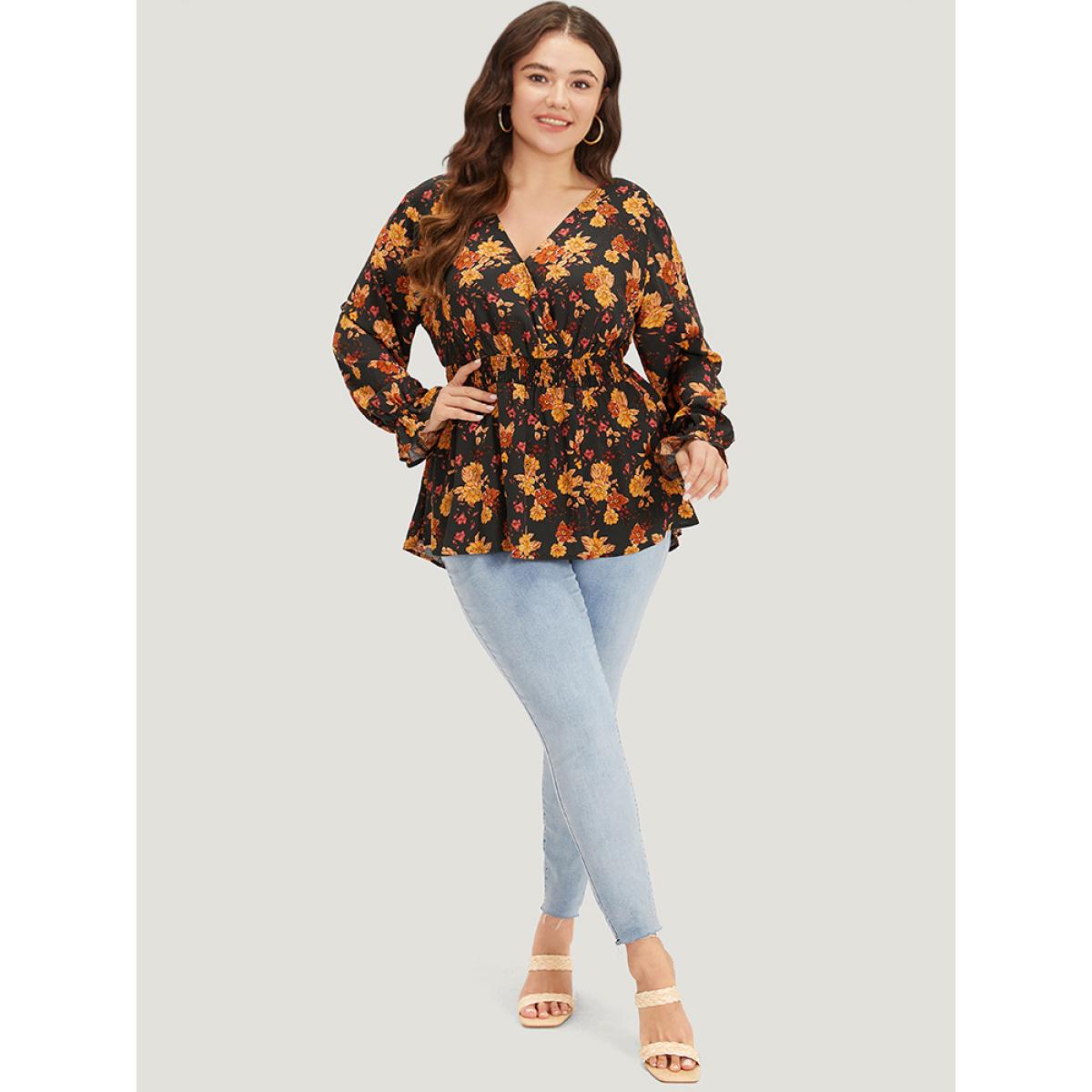 Plus Size Indigo Floral Print Wrap Shirred Lantern Sleeve Blouse Women Vacation Long Sleeve V-neck Dailywear Blouses BloomChic 26/4X Product Image