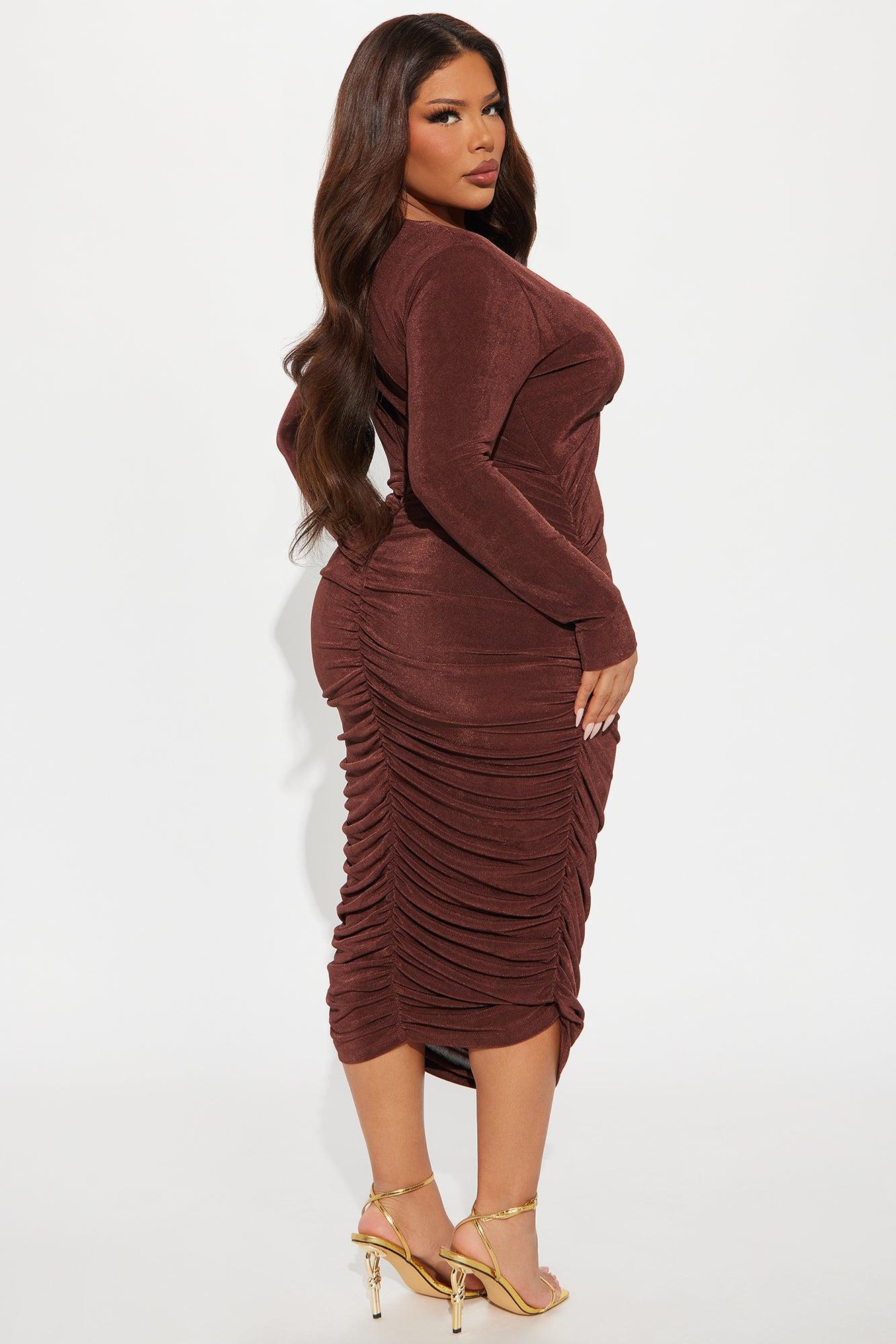 Fine Wine Ruched Midi Dress - Chocolate Product Image