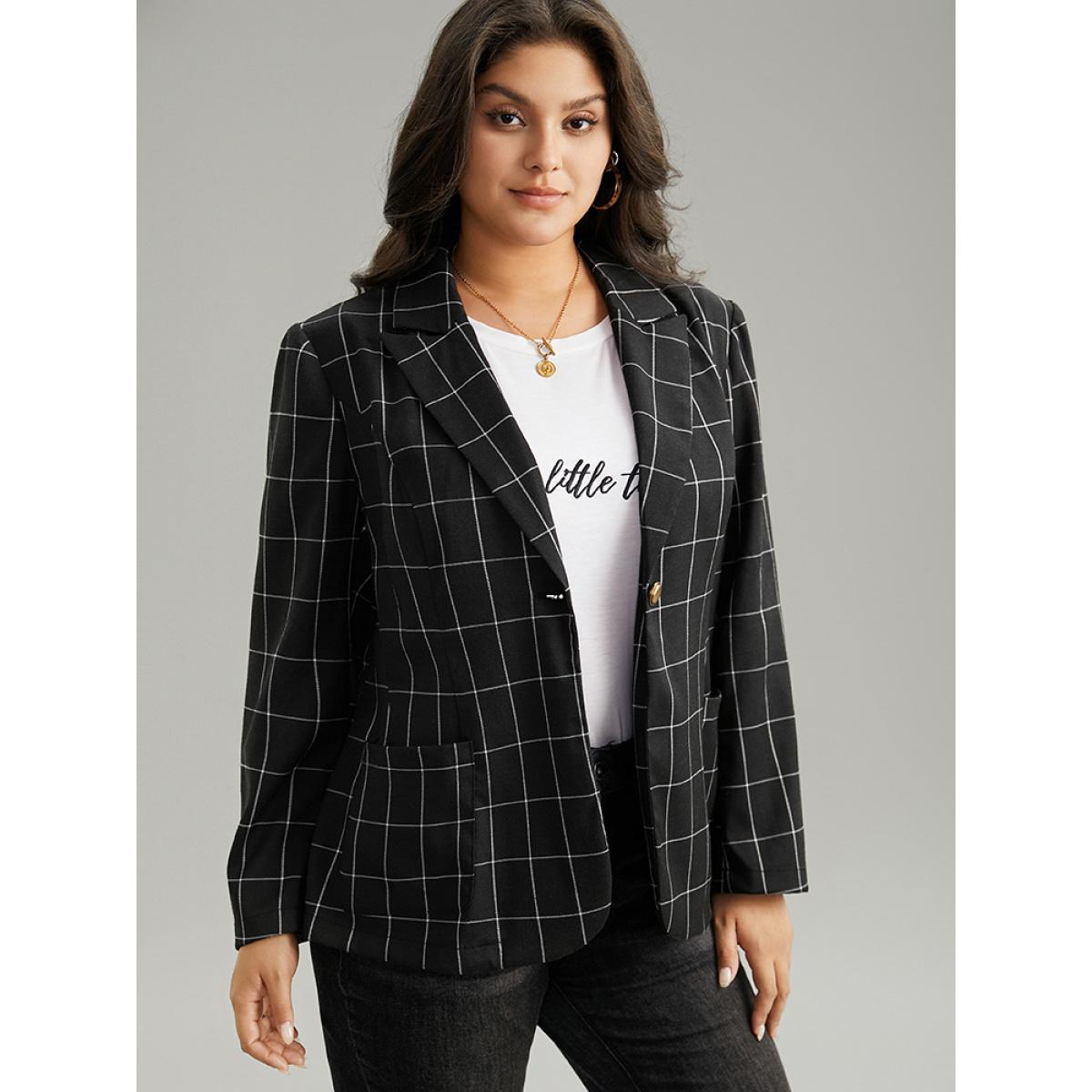 Plus Size Plaid Suit Collar Metal Detail Pocket Blazer Black Women Work Plaid Contrast Sleeve Long Sleeve Suit Collar 14-16/1X Pocket Work From Home Blazers BloomChic Product Image