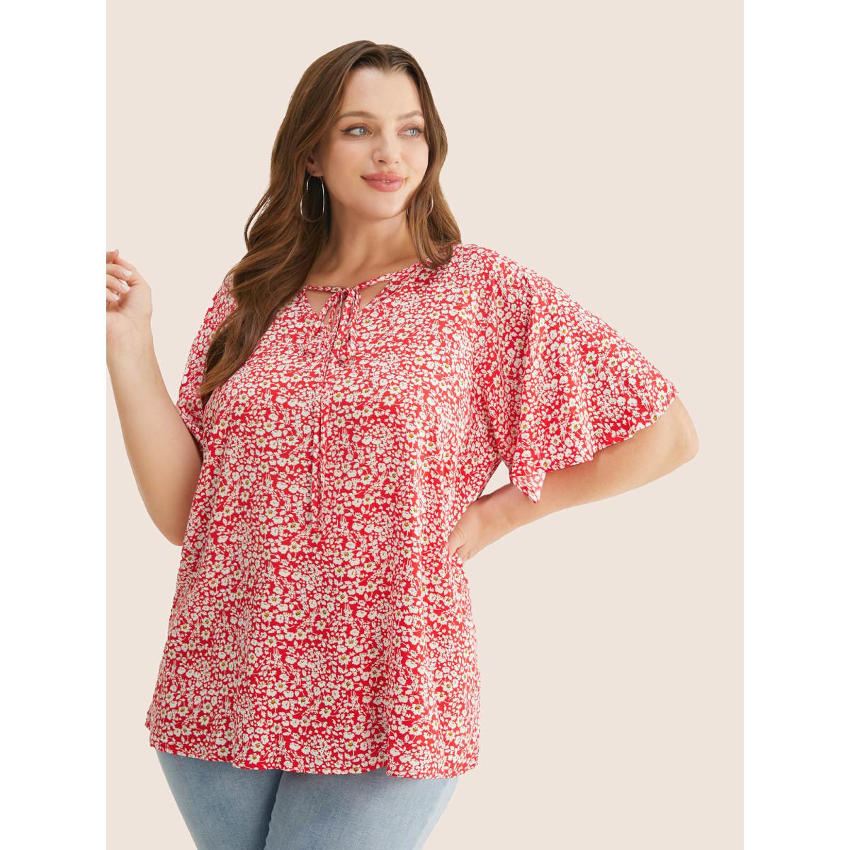 Plus Size Crimson Ditsy Floral Ruffle Sleeve Tie Neck Blouse Women Elegant Short sleeve V-neck Everyday Blouses BloomChic 10/M Product Image