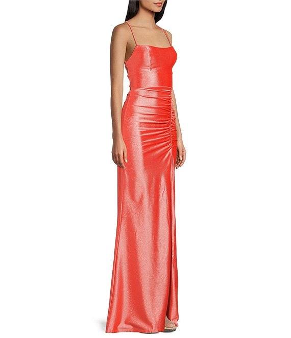 Honey and Rosie Glitter Lace-Up Back Front Slit Mermaid Long Dress Product Image