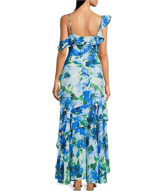 Alex Marie Petite Size Lacey Ruffle Sleeveless V-Neck Floral Asymmetric Hem A-Line Maxi Dress Product Image
