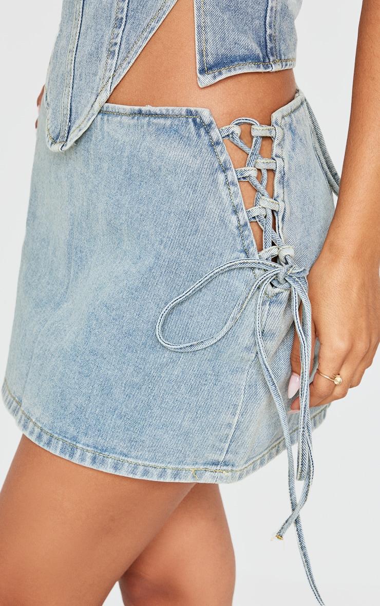Petite Vintage Wash Denim Lace Up Mini Skirt Product Image