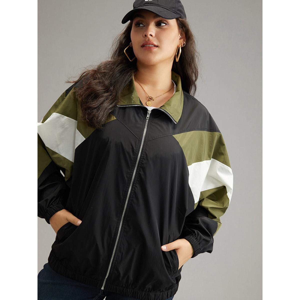 Plus Size Colorblock Patchwork Pocket Zipper Windbreaker Women Multicolor Contrast Pocket Everyday Jackets BloomChic 22-24/3X Product Image