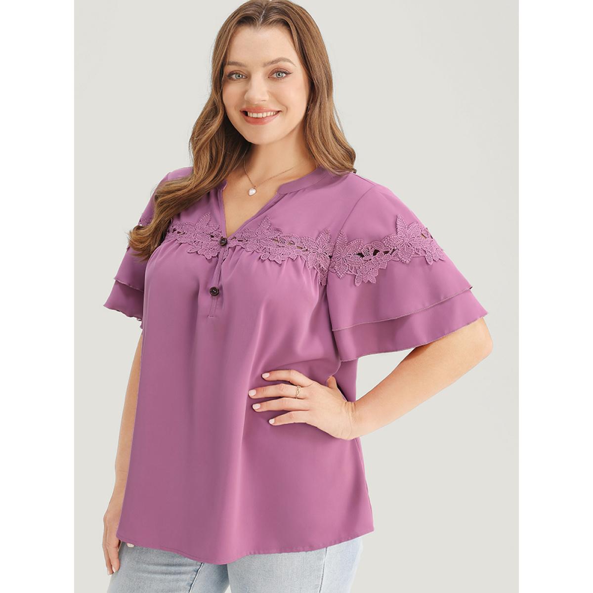 Plus Size Mauve Floral Patchwork Button Detail Ruffle Tiered Sleeve Blouse Women Elegant Short sleeve V-neck Dailywear Blouses BloomChic 10/M Product Image