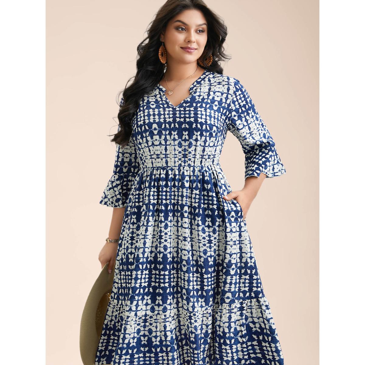 Plus Size Tie-Dye Notched Collar Ruffle Tiered Midi Dress Indigo Women Resort Ruffles Notched collar Elbow-length sleeve Curvy BloomChic 22-24/3X Product Image