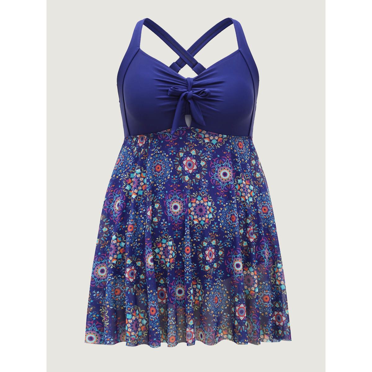 Plus Size Tie-Front Sheer Boho Print Swim Dress Women's Swimwear DarkBlue Beach Bodycon Heart neckline High stretch Curve Swim Dresses BloomChic 30/6X Product Image
