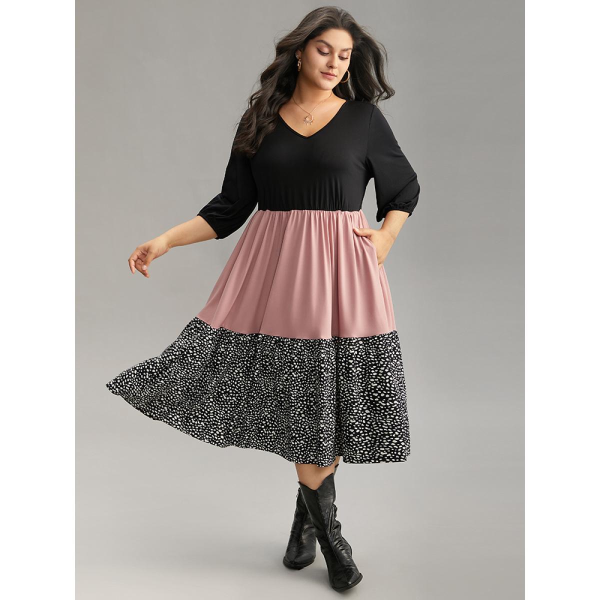 Plus Size Leopard Colorblock Patchwork Elastic Waist Dress Multicolor Women Casual Elastic cuffs V-neck Elbow-length sleeve Curvy Midi Dress BloomChic 14-16/1X Product Image