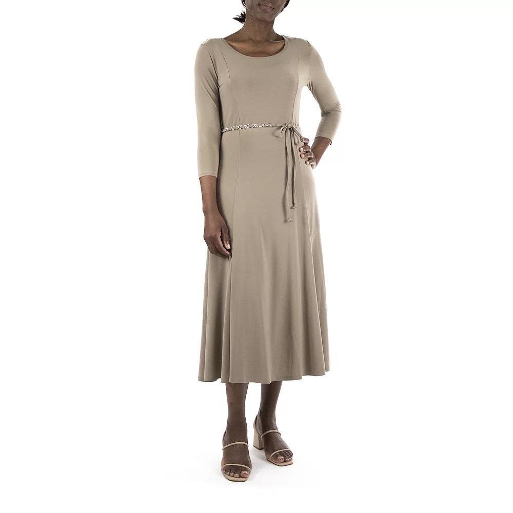 Women's Nina Leonard Three-Quarter Sleeve Belted Midi Dress, Size: Large, Mink Product Image