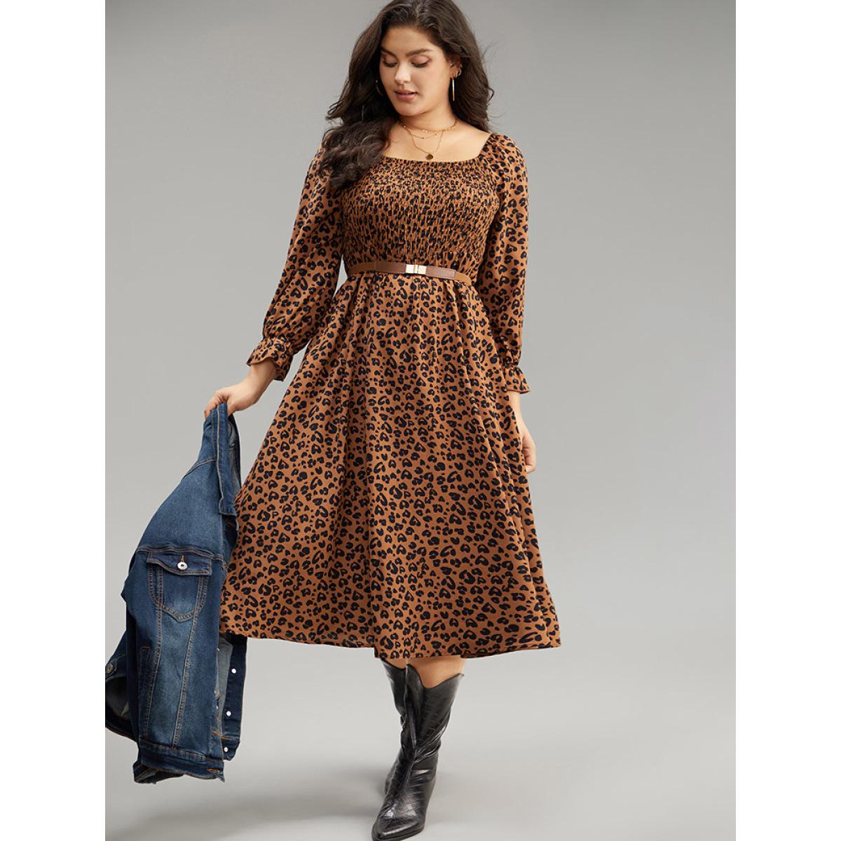 Plus Size Leopard Print Shirred Square Neck Pocket Dress Rust Women Casual Printed Square Neck Long Sleeve Curvy Midi Dress BloomChic 12/L Product Image