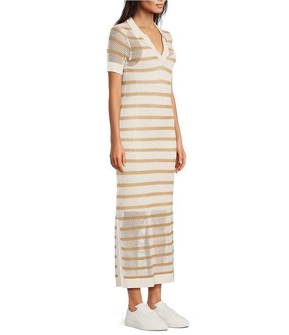 Le' AL.X Stripe Knit Wide Mesh Polo Collar V-Neck Short Sleeve Sheath Maxi Dress Product Image