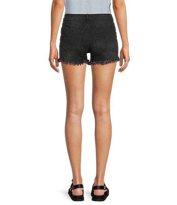Reba Mid Rise 5 Pocket Frayed Hem Stretch Denim Cut Off Shorts Product Image