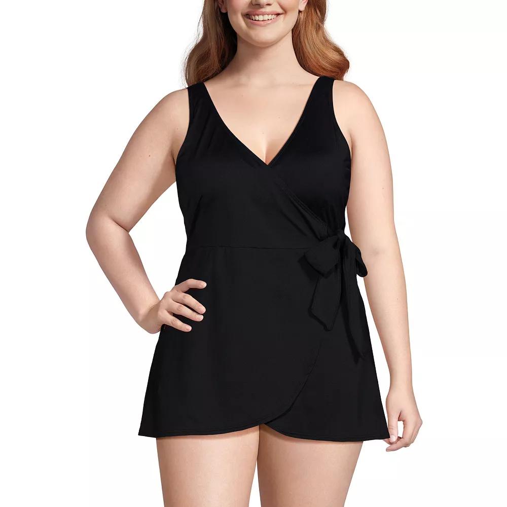 Plus Size Lands' End V-Neck Side Tie Mini Swim Dress Swimsuit, Women's, Size: 22W Dd, Black Product Image