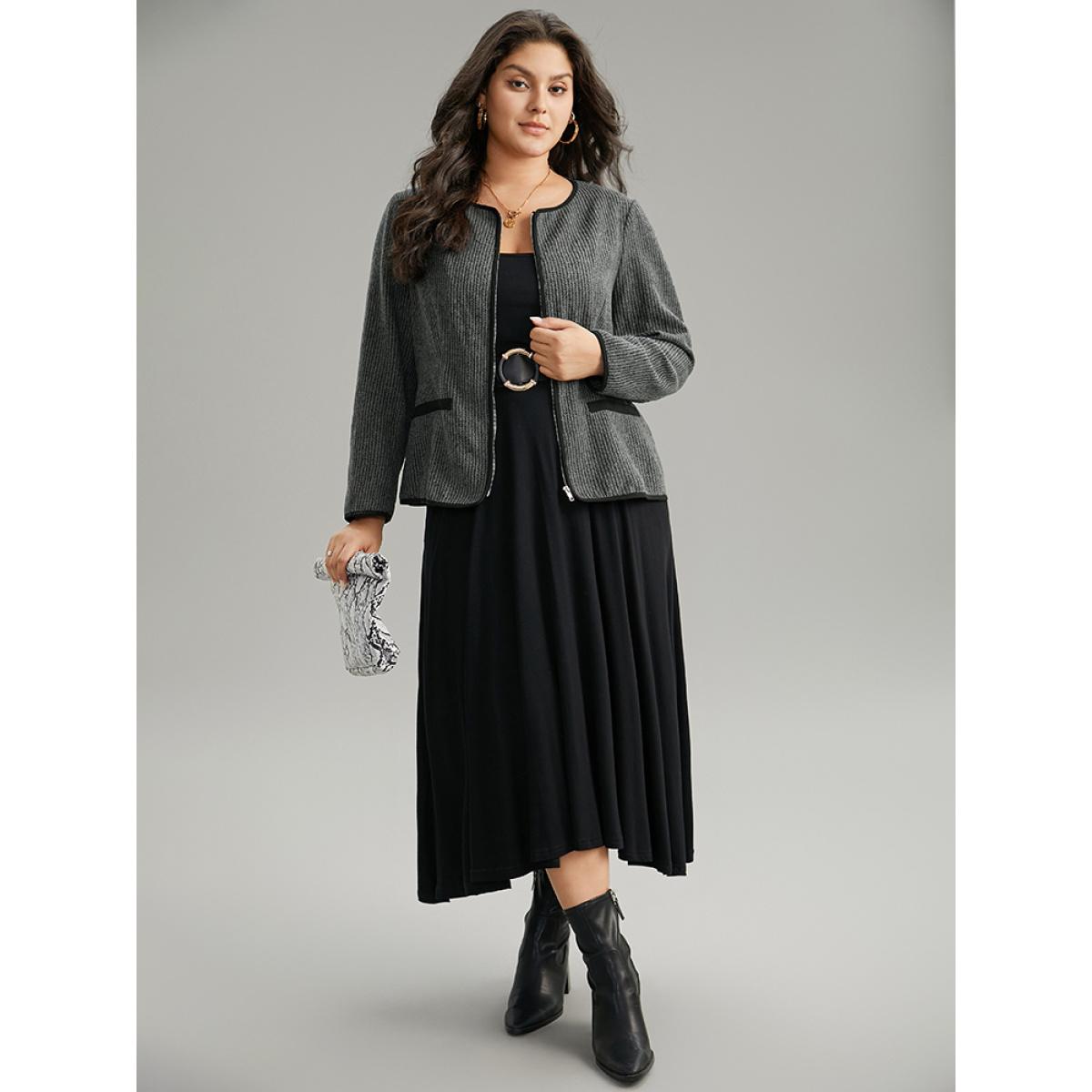 Plus Size Solid Textured Patchwork Zipper Pocket Blazer Women DimGray Office Texture Ladies Work Winter Coats BloomChic 18-20/2X Product Image