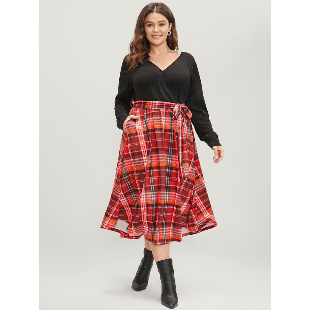 Plus Size Plaid Patchwork Pocket Cable Knit Belted Surplice Neck Dress Black Women Elegant Patchwork V-neck Long Sleeve Curvy Midi Dress BloomChic 30/6X Product Image