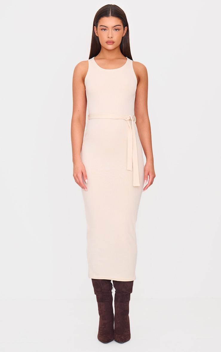 Cream Rib Cut Out Back Detail Tie Waist Midaxi Dress Product Image