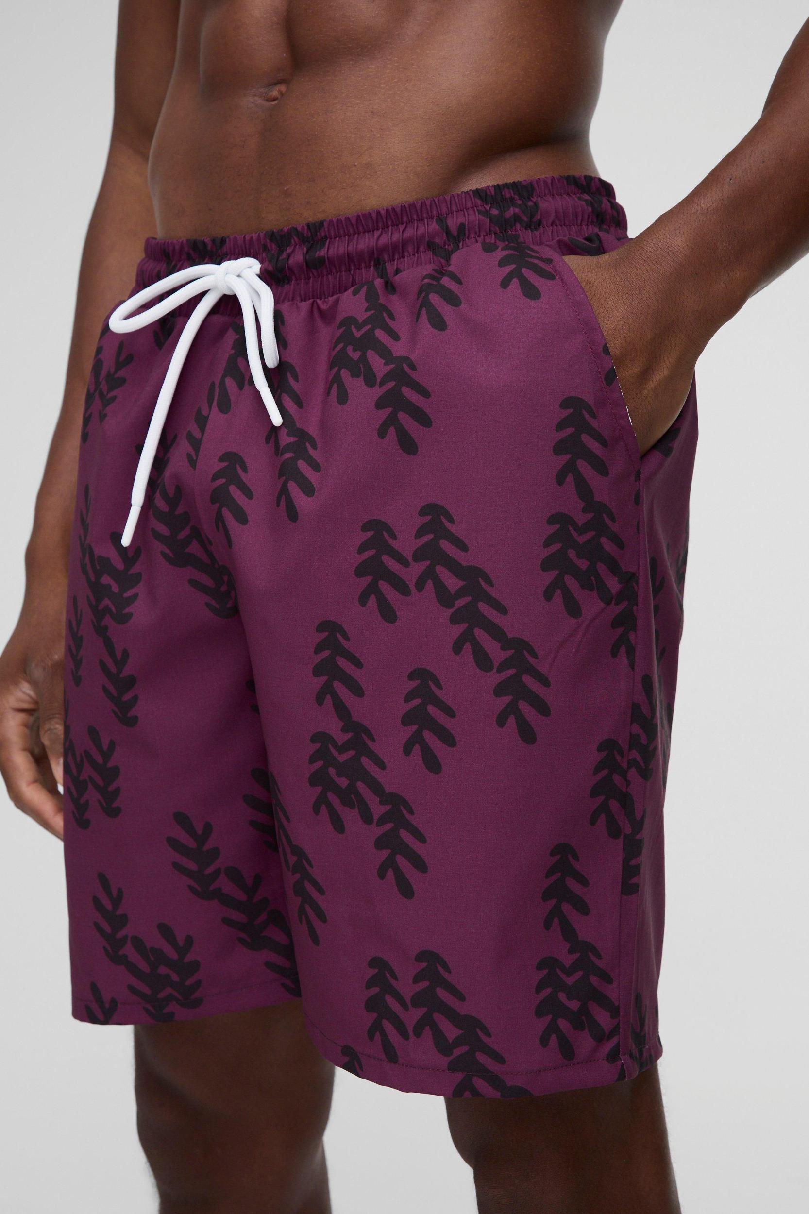 Regular Fit Mid Length Abstract Leaf Print Swim Trunks | boohooMAN USA Product Image