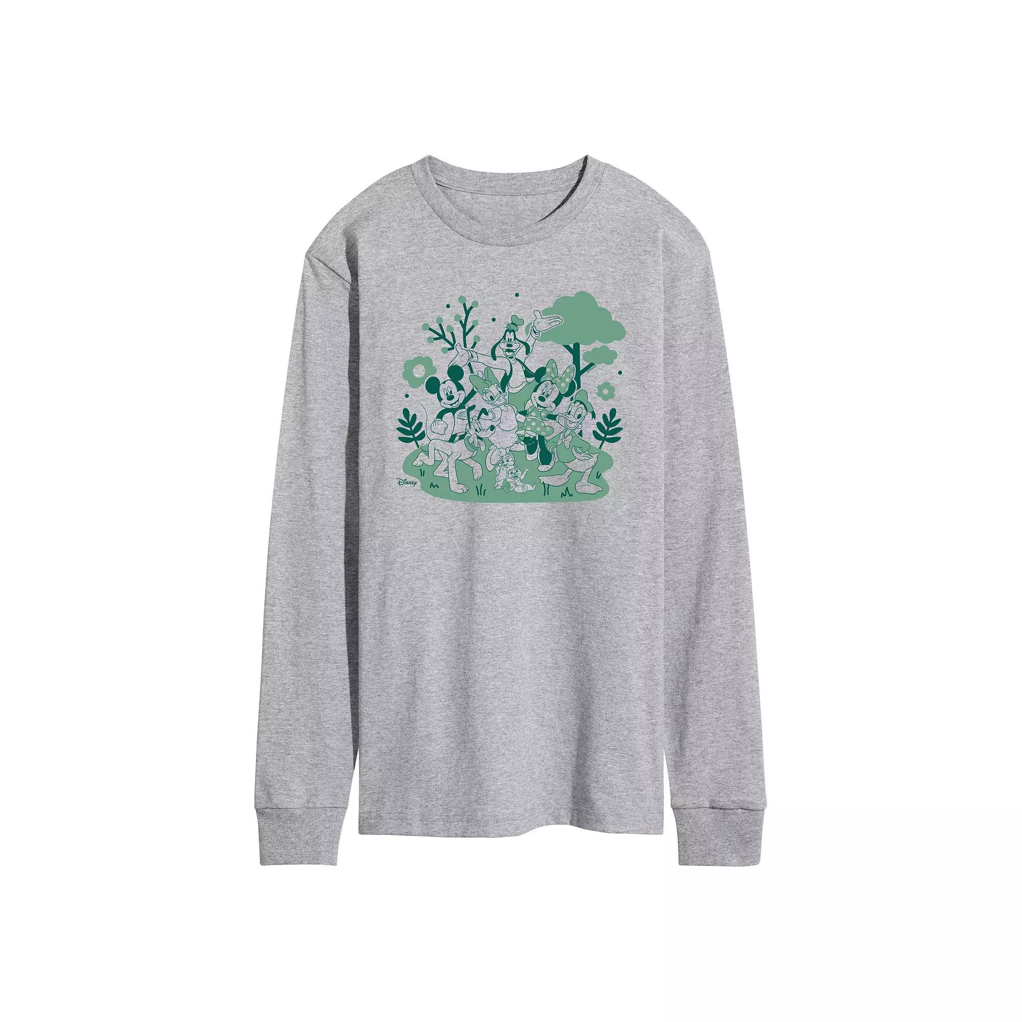 Disneys Mickey Mouse & Friends Mens Green Character Group Long Sleeve Graphic Tee Grey Gray Product Image