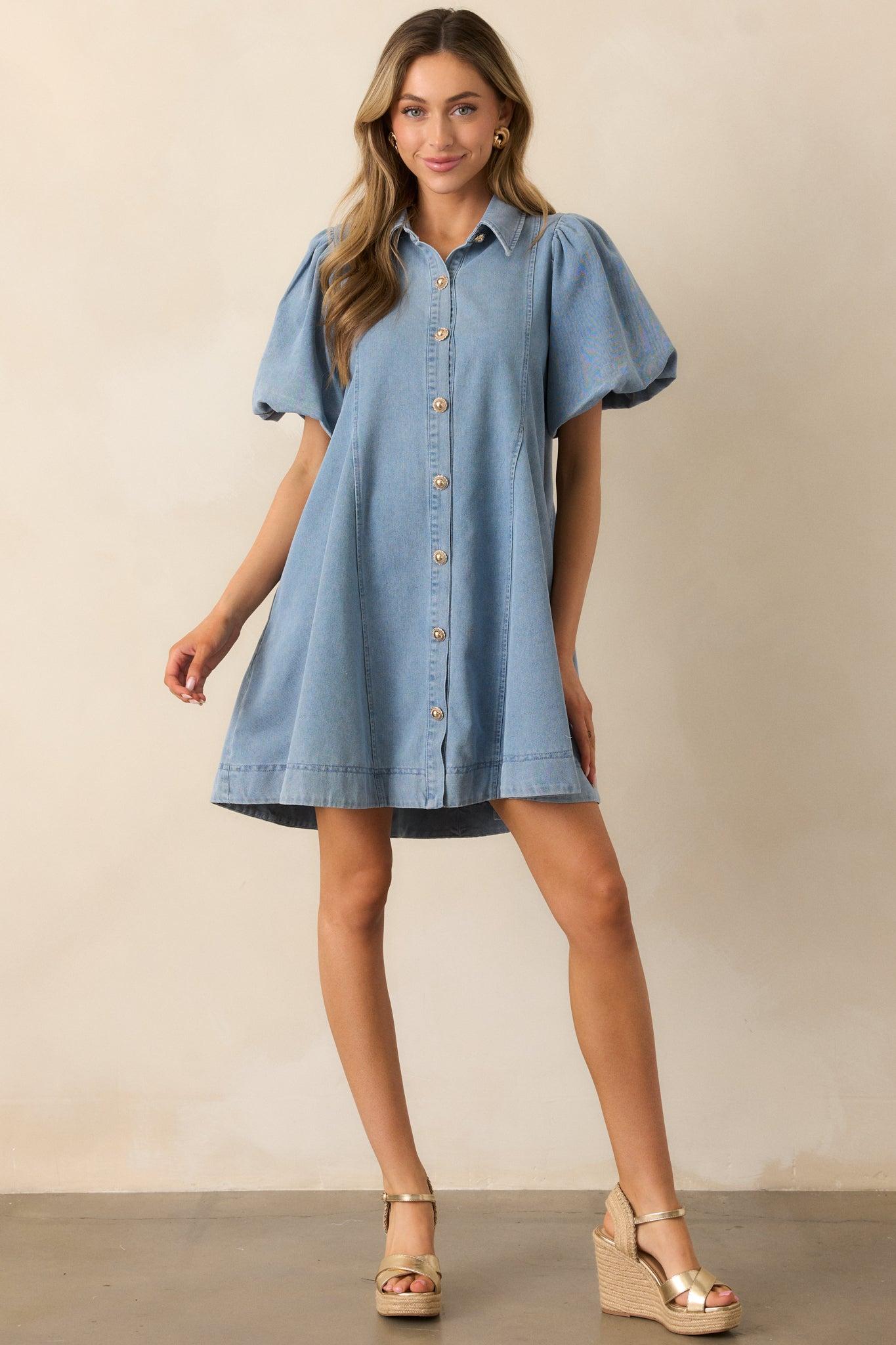 More Or Less Light Wash Cotton Denim Puff Sleeve Mini Dress Product Image
