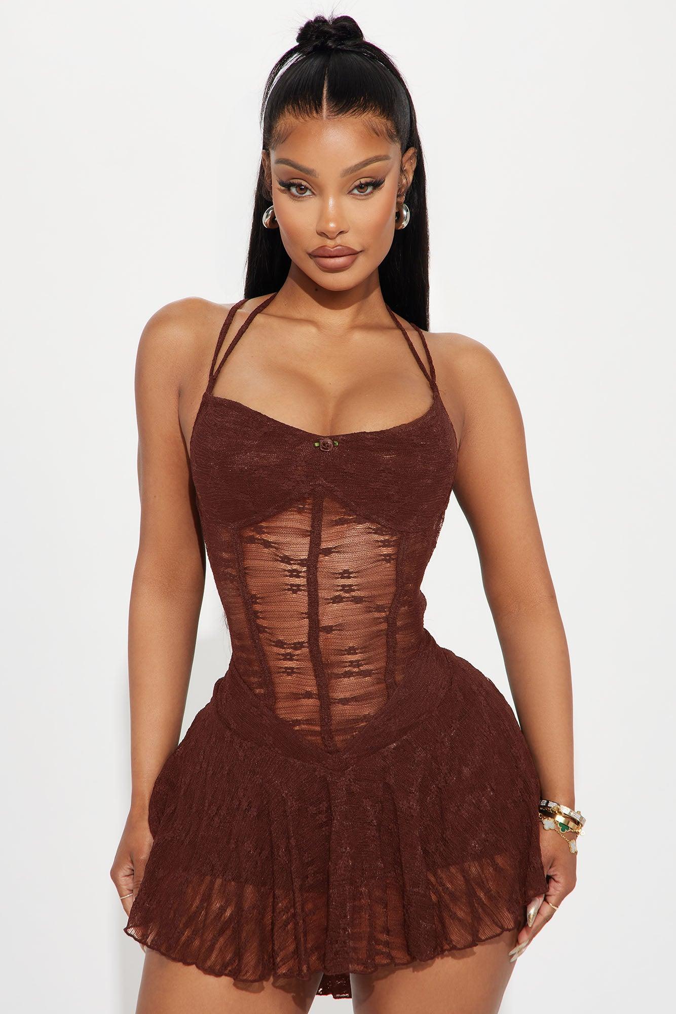 All Or Nothing Lace Micro Mini Dress - Chocolate Female Product Image