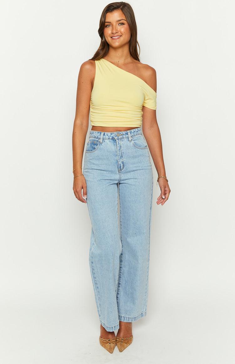 Limelight Drift Yellow Draped Off Shoulder Crop Top Product Image