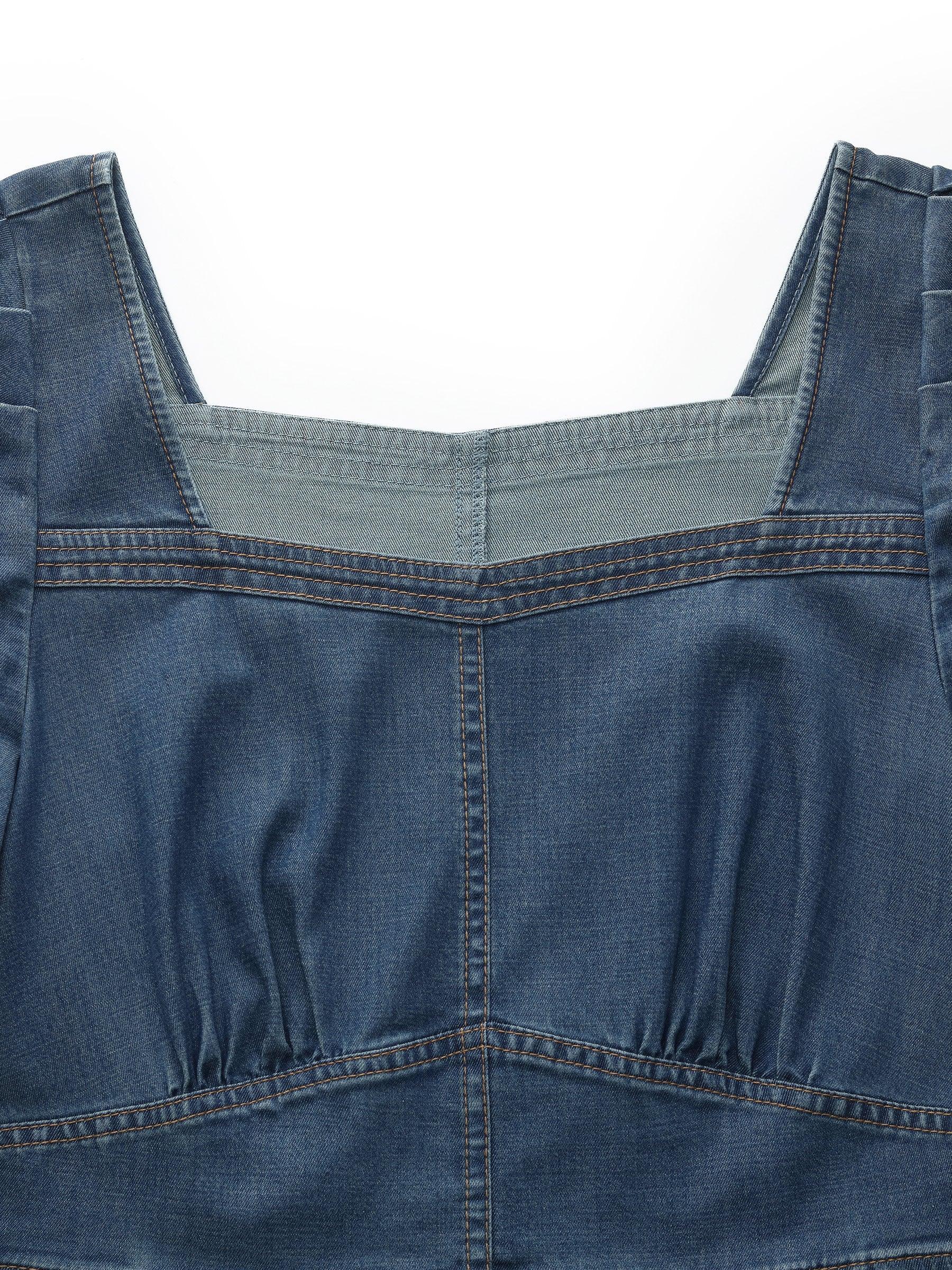 Denim Stretch Women Square Neck Midi Dress Product Image