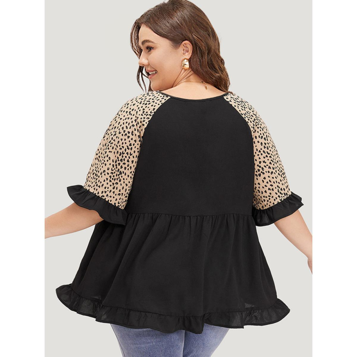 Plus Size Multicolor Leopard Print Raglan Sleeve Gathered Ruffle Trim Blouse Women Elegant Half Sleeve V-neck Dailywear Blouses BloomChic 18-20/2X Product Image