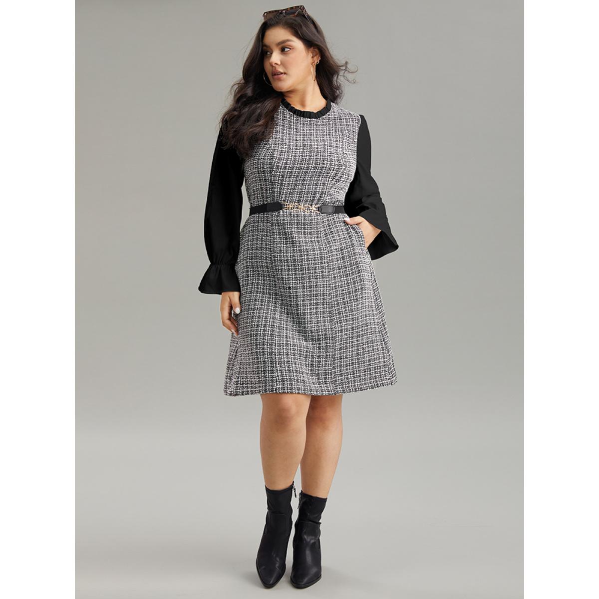 Plus Size Plaid Patchwork Ruffle Trim Knee Dress Black Women Office Texture Mock Neck Long Sleeve Curvy Knee Dress BloomChic 10/M Product Image