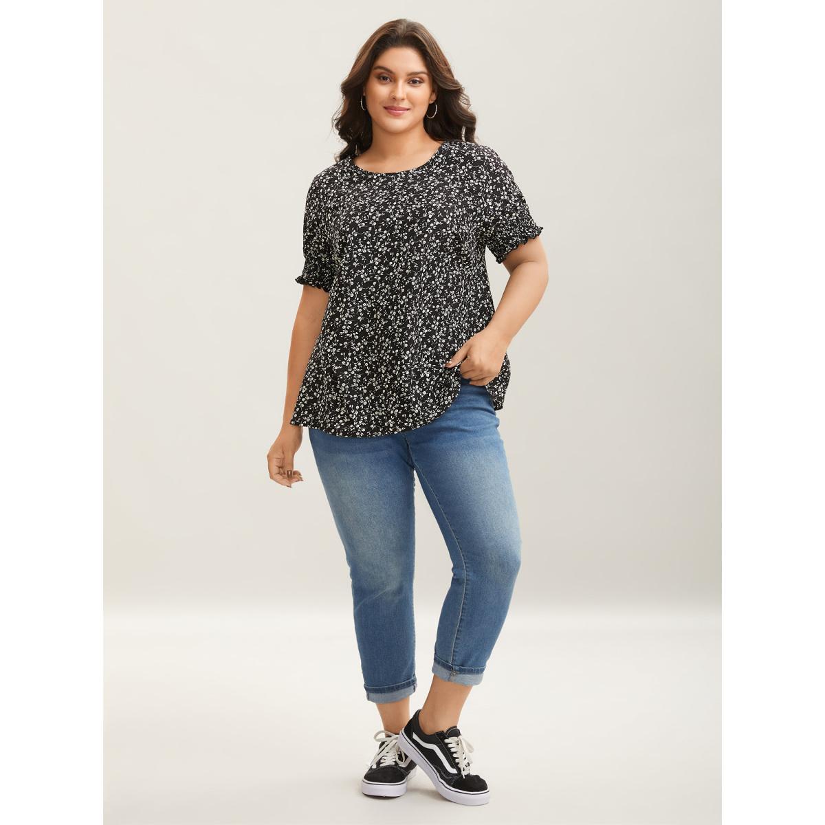 Plus Size Black Ditsy Floral Print Curvy Hem Blouse Women Elegant Elbow-length sleeve Round Neck Everyday Blouses BloomChic 30/6X Product Image