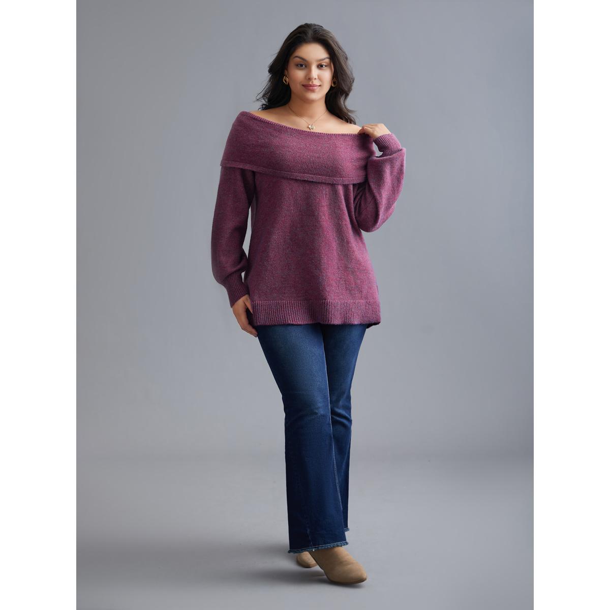 Plus Size Off-Shoulder Textured Long Sleeve Pullover RedViolet Women Leisure Loose Long Sleeve Turtleneck Casual Pullovers BloomChic 22-24/3X Product Image