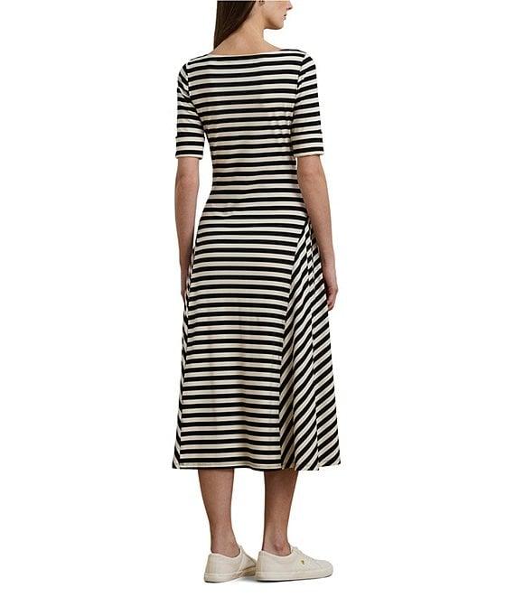 Lauren Ralph Lauren Stretch Cotton Stripe Print Boat Neck Short Sleeve Sheath Midi Dress Product Image