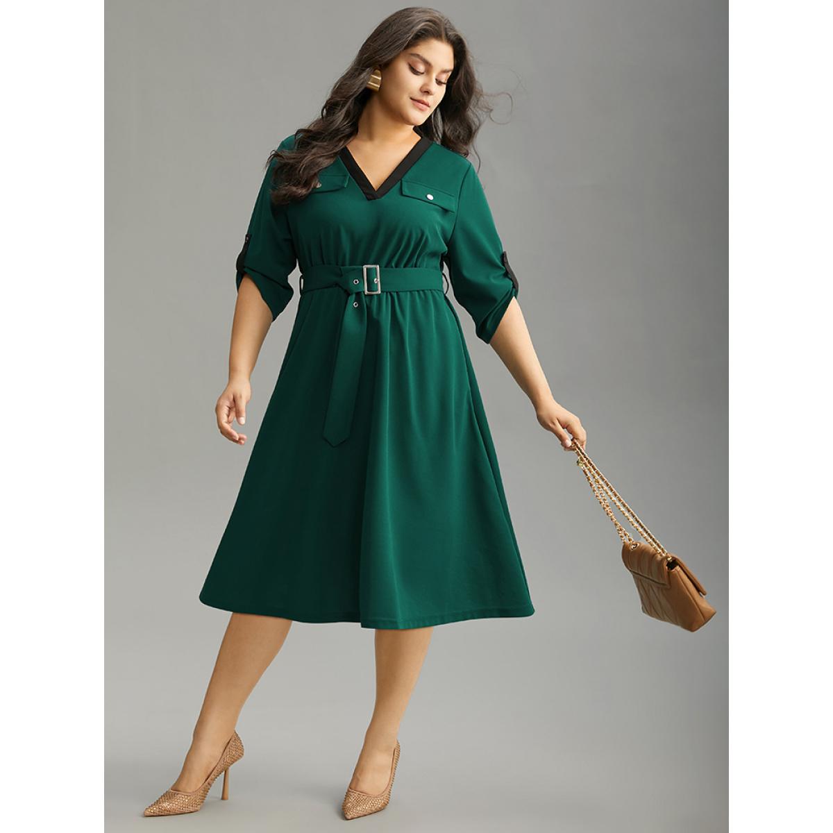 Plus Size Solid Contrast Trim Belted Flap Detail Dress Emerald Women Office Gathered V-neck Elbow-length sleeve Curvy Midi Dress BloomChic 30/6X Product Image
