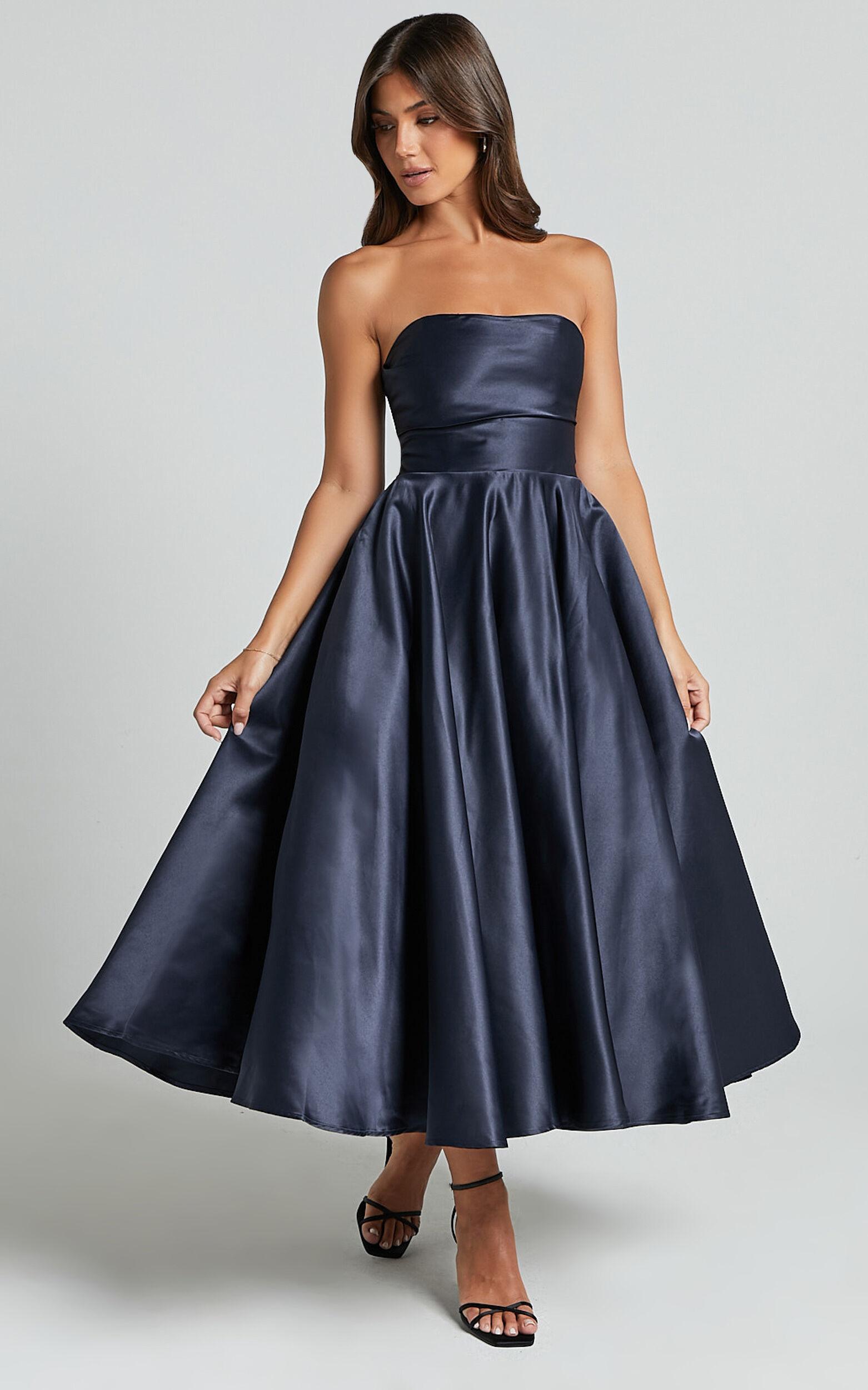 Helaina Midi Dress - Strapless A-Line Satin Dress in Navy Product Image