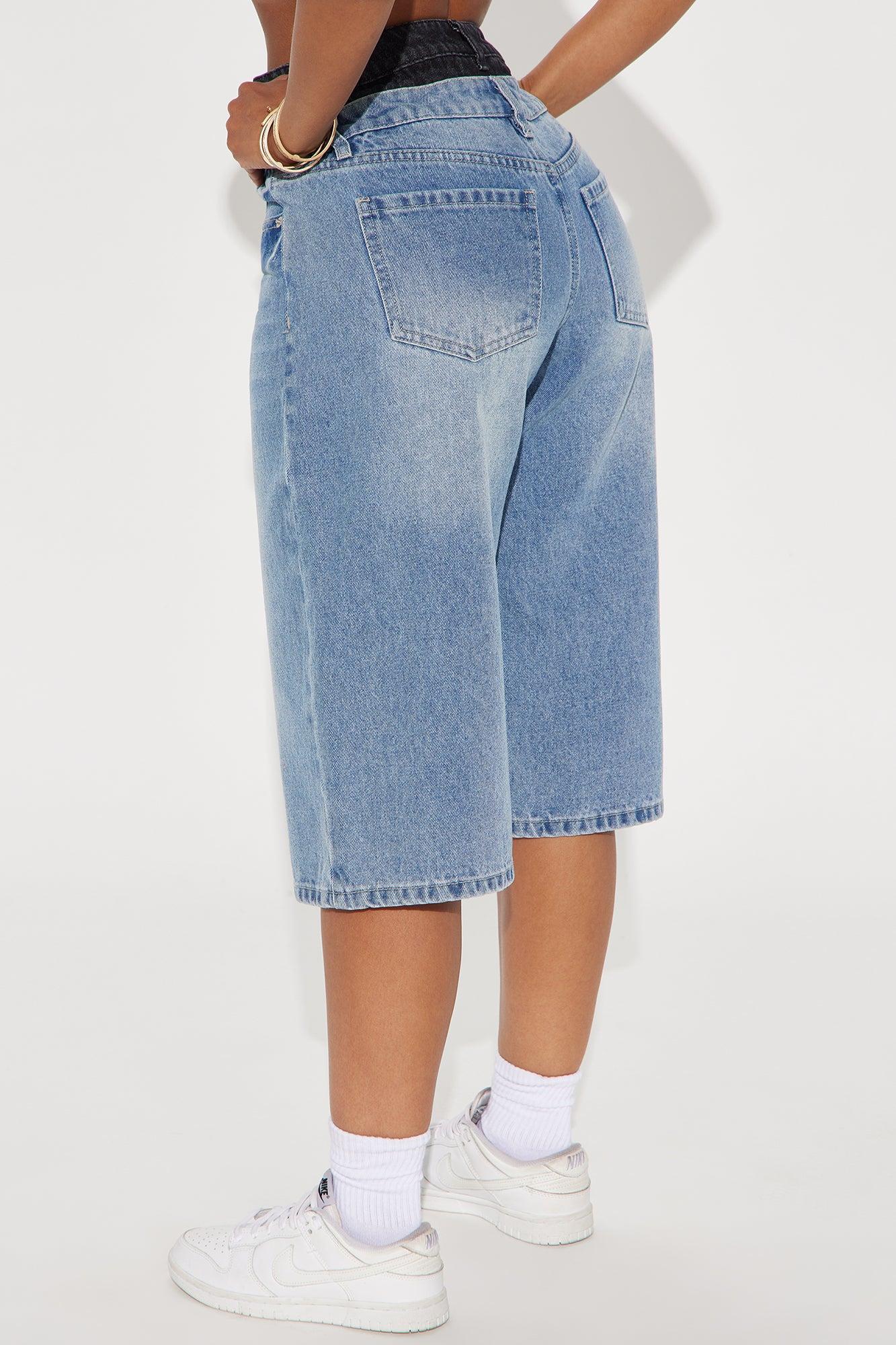 Teigen Non Stretch Double Waistband Denim Jorts - Medium Wash Product Image