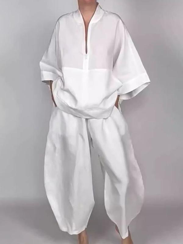 Long Sleeves Loose Solid Color Zipper V-Neck Shirts Tops Product Image