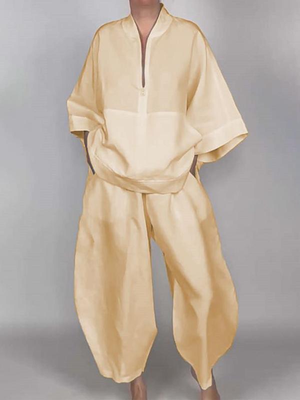 Long Sleeves Loose Solid Color Zipper V-Neck Shirts Tops Product Image