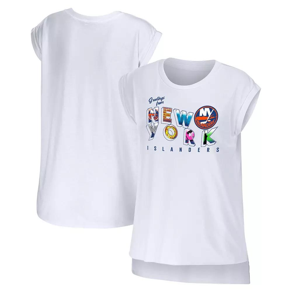 Women's WEAR by Erin Andrews White New York Islanders Greetings From Muscle T-Shirt,  Product Image