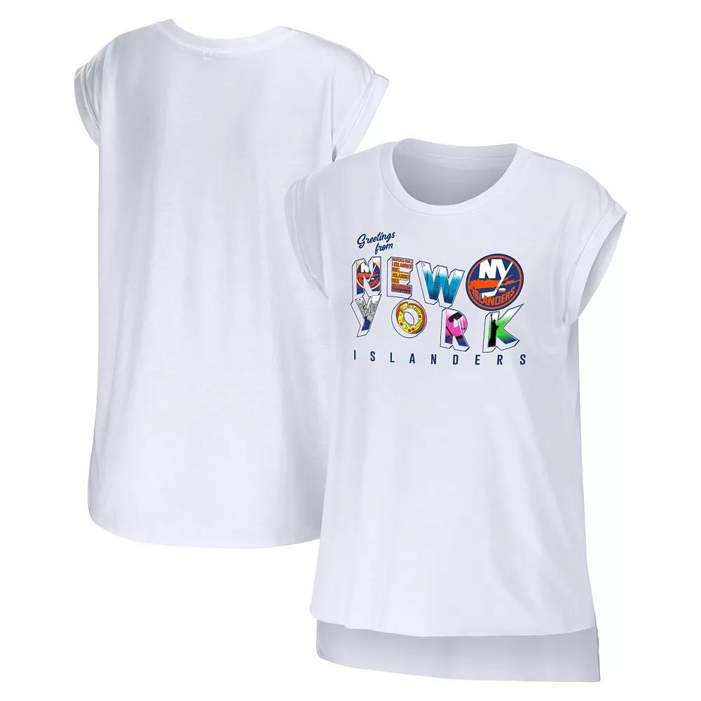 Women's WEAR by Erin Andrews White New York Islanders Greetings From Muscle T-Shirt,  Product Image