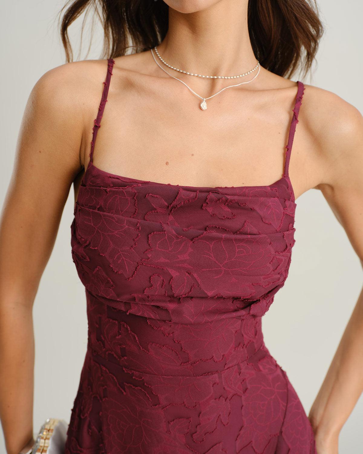 Wine Red Jacquard Slip Maxi Dress Product Image