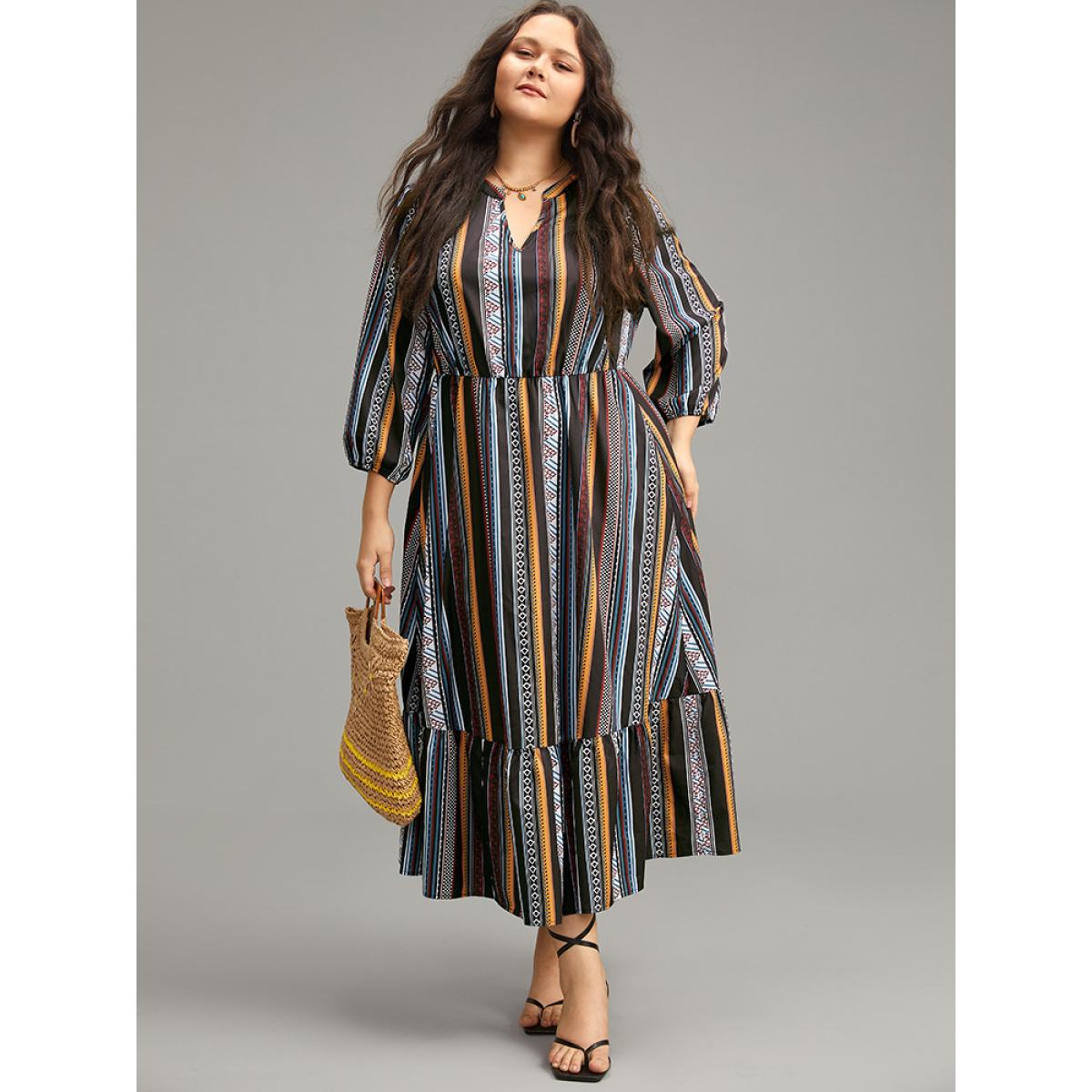 Plus Size Bandana Print Notched Ruffle Layered Hem Dress Black Women Resort Elastic cuffs Notched collar Long Sleeve Curvy Midi Dress BloomChic 26/4X Product Image