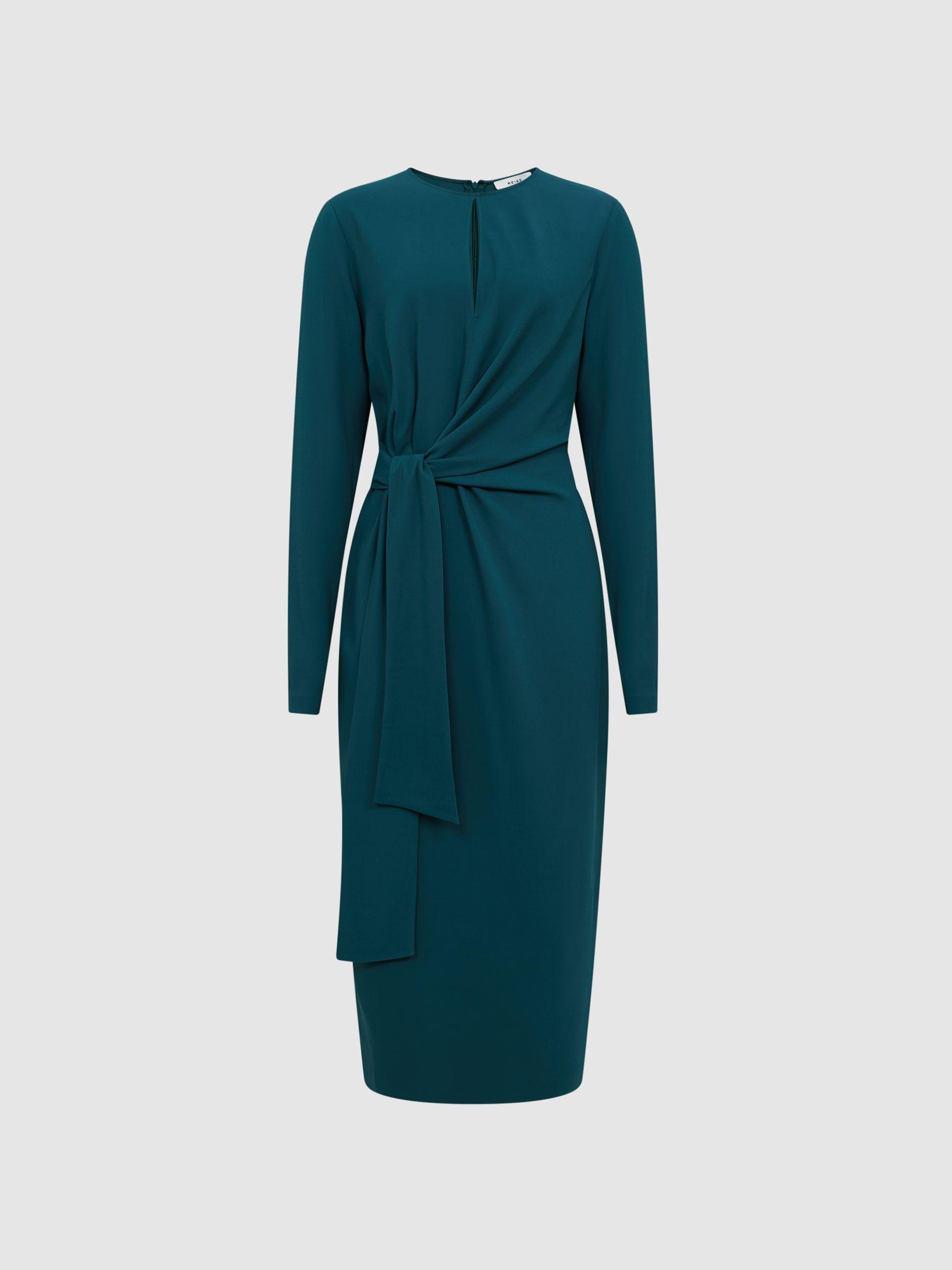 Tie Waist Bodycon Midi Dress in Teal Product Image
