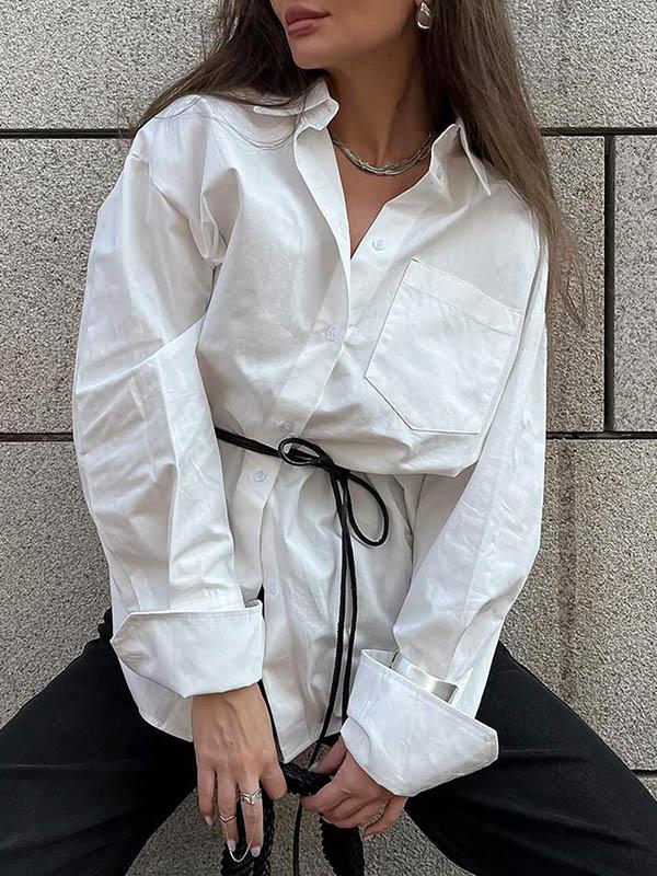 Long Sleeves Loose Buttoned Pockets Solid Color Lapel Blouses&Shirts Tops Product Image