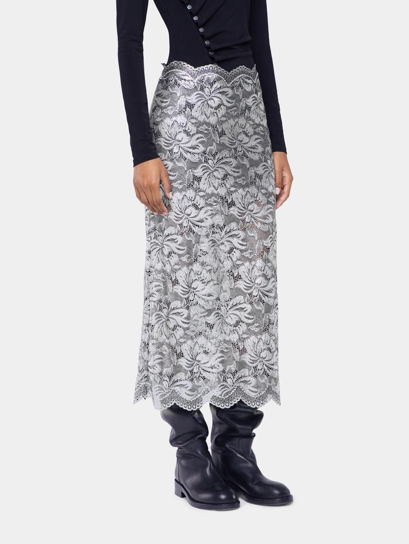 SILVER MIDI SKIRT IN LACE Product Image