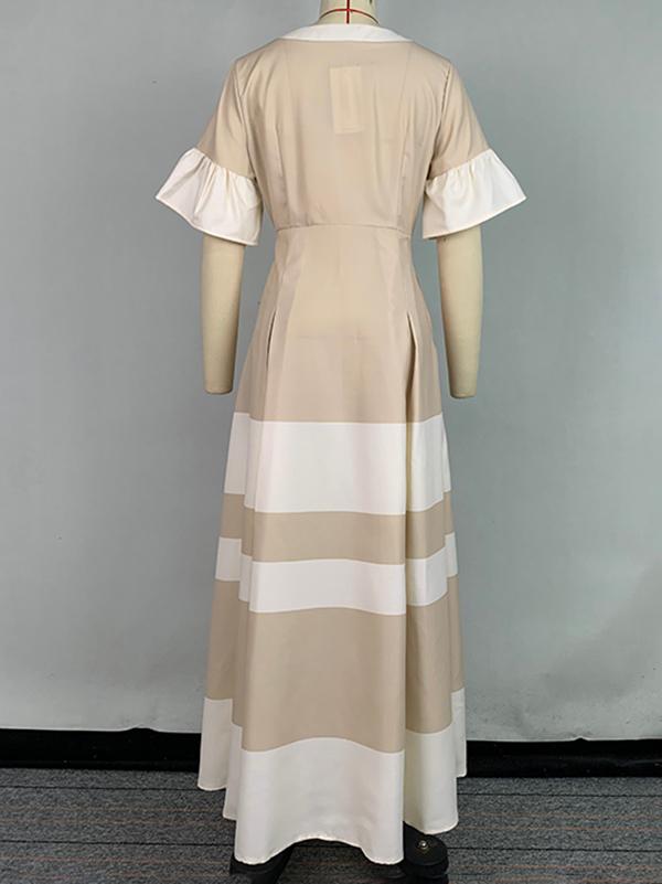 A-Line Flared Sleeves Contrast Color Pleated V-Neck Maxi Dresses Product Image