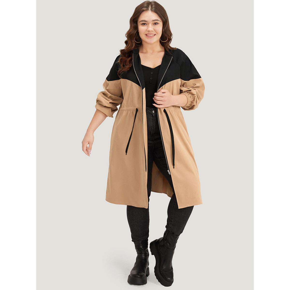 Plus Size Two Tone Drawstring Stand Collar Trench Coat Women LightBrown Dailywear Elastic cuffs Plain 28/5X Pocket Casual Trench Coats BloomChic Product Image